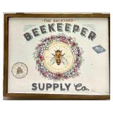 Beekeeper Supply Co. Sign & Birdhouse & Peach Roses in Glass Vase