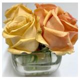 Beekeeper Supply Co. Sign & Birdhouse & Peach Roses in Glass Vase