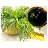 Desk Clock - Gold Tone with Black Dial on Gold Stand with fern plant