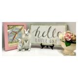 White Rabbit Figurines Pair - 2 -Hello Little One Sign - Pink Rose Vase