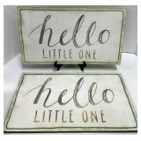 White Rabbit Figurines Pair - 2 -Hello Little One Sign - Pink Rose Vase