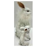 White Rabbit Figurines Pair - 2 -Hello Little One Sign - Pink Rose Vase