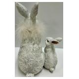 White Rabbit Figurines Pair - 2 -Hello Little One Sign - Pink Rose Vase