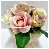 White Rabbit Figurines Pair - 2 -Hello Little One Sign - Pink Rose Vase