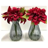Faceted Clear Glass Vases with Red Flowers & Patterned Grey Vase - Decorative Set of 3