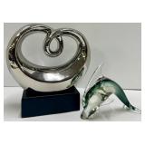 Chrome Abstract Loop Sculpture & Green Glass Dolphin