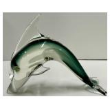Chrome Abstract Loop Sculpture & Green Glass Dolphin
