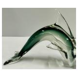 Chrome Abstract Loop Sculpture & Green Glass Dolphin