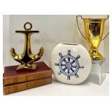 Gold Anchor Sculpture - White Ceramic Ship Wheel Vase - Gold Trophy Cup