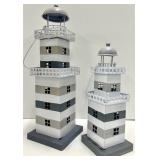 Candle Lighthouse Set - Gray & White Striped Metal Towers With Balconies