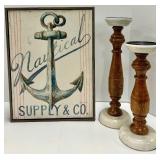 Nautical Supply & Co Anchor Print & Marble Base Candlesticks - 3-Piece Set