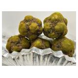 Ribbed Silver Aluminum Bowl & Moss Balls - Decorative Centerpiece