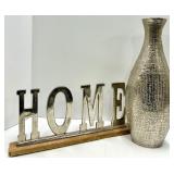 HOME Letters Sign & Hammered Vase - Silver Textured Metal Decor on Wood Base