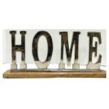 HOME Letters Sign & Hammered Vase - Silver Textured Metal Decor on Wood Base