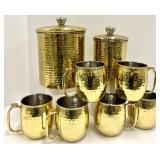 Creative Co-Op Hammered Brass Mugs & Canisters Set - Gold Tone, Hand Wash Only