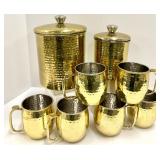Creative Co-Op Hammered Brass Mugs & Canisters Set - Gold Tone, Hand Wash Only