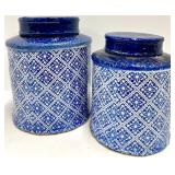Blue & White Diamond Pattern Ceramic Canister Jars with Lids - Pair