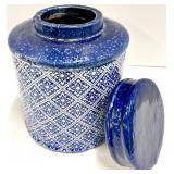 Blue & White Diamond Pattern Ceramic Canister Jars with Lids - Pair