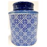 Blue & White Diamond Pattern Ceramic Canister Jars with Lids - Pair