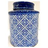 Blue & White Diamond Pattern Ceramic Canister Jars with Lids - Pair