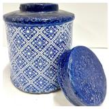 Blue & White Diamond Pattern Ceramic Canister Jars with Lids - Pair
