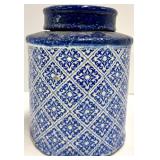 Blue & White Diamond Pattern Ceramic Canister Jars with Lids - Pair