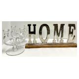 Two Clear Glass Candelabras & HOME Sign on Wood Base