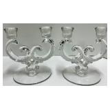 Two Clear Glass Candelabras & HOME Sign on Wood Base