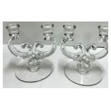 Two Clear Glass Candelabras & HOME Sign on Wood Base