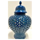 Blue & White Floral Vase with Blue Lattice Lantern Jar with Lid