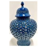 Blue & White Floral Vase with Blue Lattice Lantern Jar with Lid