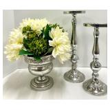 Silver Pedestal Vase with Cream Flowers & Pair of Candlesticks