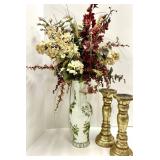 Porcelain Vase With Floral Arrangement & 2 Gilded Candlesticks