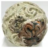 Celadon Crackle-Glaze Ceramic Ball Sculpture - Scroll Relief
