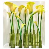 10 Yellow Calla Lilies in Green Glass Bottles - Floral Centerpiece