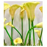 10 Yellow Calla Lilies in Green Glass Bottles - Floral Centerpiece