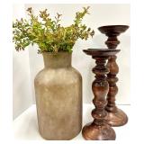 Ceramic Bottle Vase with Greenery & Pair of Wooden Candlesticks