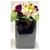 Pacific Rim Crackle-Glaze Candlesticks (Pair) & Black Ceramic Vase with Artificial Flowers