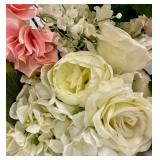 12 Pink Hydrangea & Ivory Rose Floral Bouquet - Pastel Arrangement