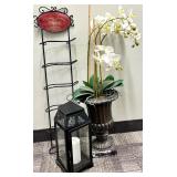 Black Wrought Iron Wine Rack, Faux Potted Orchid Plant & Glass Lantern with Candle