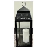 Black Wrought Iron Wine Rack, Faux Potted Orchid Plant & Glass Lantern with Candle