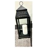 Black Wrought Iron Wine Rack, Faux Potted Orchid Plant & Glass Lantern with Candle