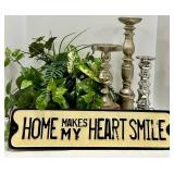 Home Makes My Heart Smile Sign - 3 Silver Candlesticks & Plant Decor