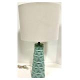 Turquoise Ceramic Table Lamp with Geometric Pattern & White Drum Shade