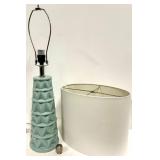 Turquoise Ceramic Table Lamp with Geometric Pattern & White Drum Shade