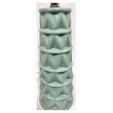 Turquoise Ceramic Table Lamp with Geometric Pattern & White Drum Shade