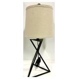 Floor Lamp & Beige Fabric Shade - Geometric Triangular Black Metal Frame