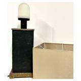 Industrial Table Lamp - Frosted Glass Shade & Black Pillar on Rustic Metal Base