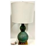 Ceramic Gourd Table Lamp & White Drum Shade - Teal Patina With Brass Hardware