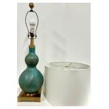 Ceramic Gourd Table Lamp & White Drum Shade - Teal Patina With Brass Hardware